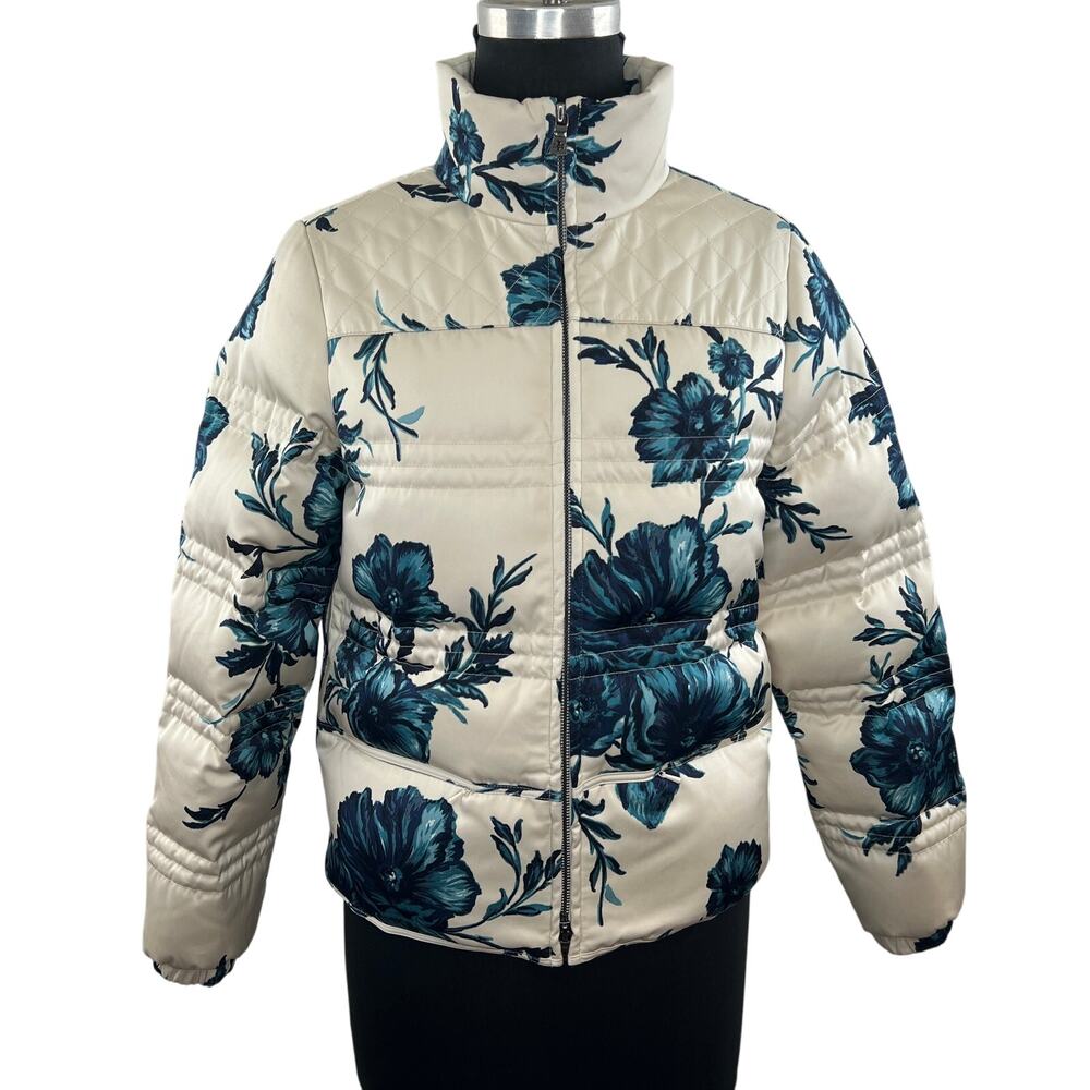 TORY BURCH White Blue Floral Full Zip Down Fill Quilted Puffer Jacket X-Small XS
